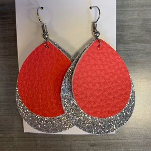 Coral and silver tear drop faux leather earrings